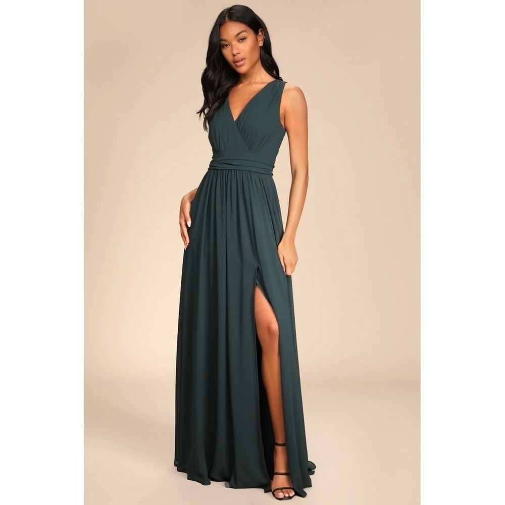 Lulus Heavenly Hues Forest Green Maxi Dress Sleeveless V-Neck Chiffon Gown Large